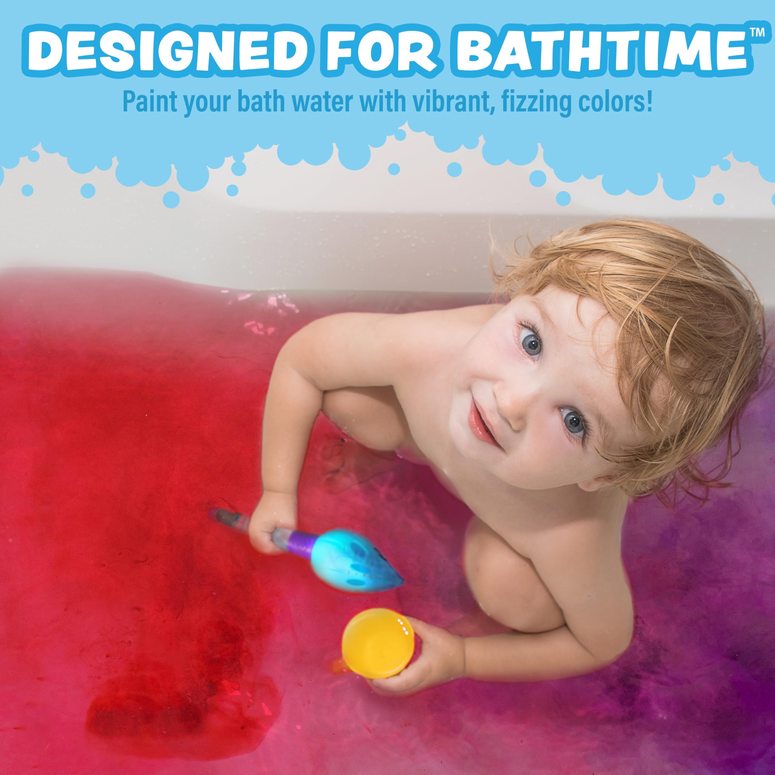 Tub Works paint water with color tablets demonstrates vibrant, fizzing bath fun.