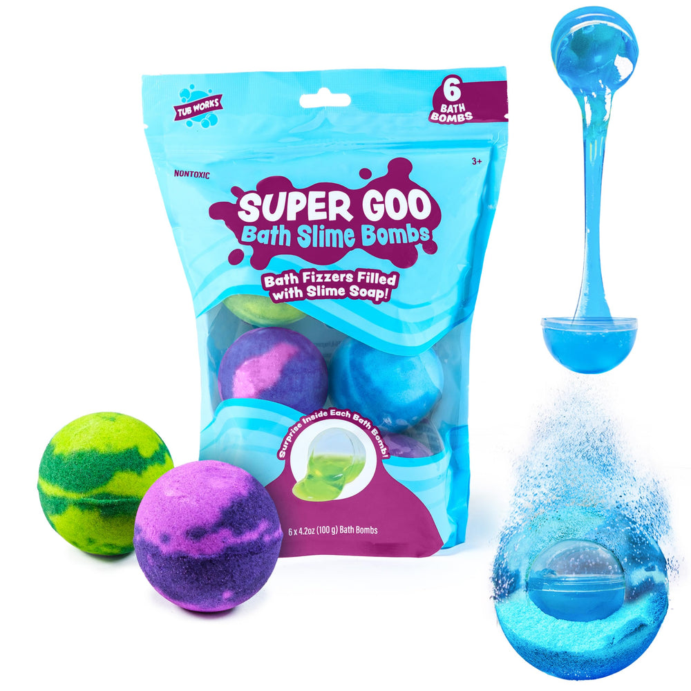 Tub Works surprise bomb color fizz reveals a playful slime inside for sensory play.