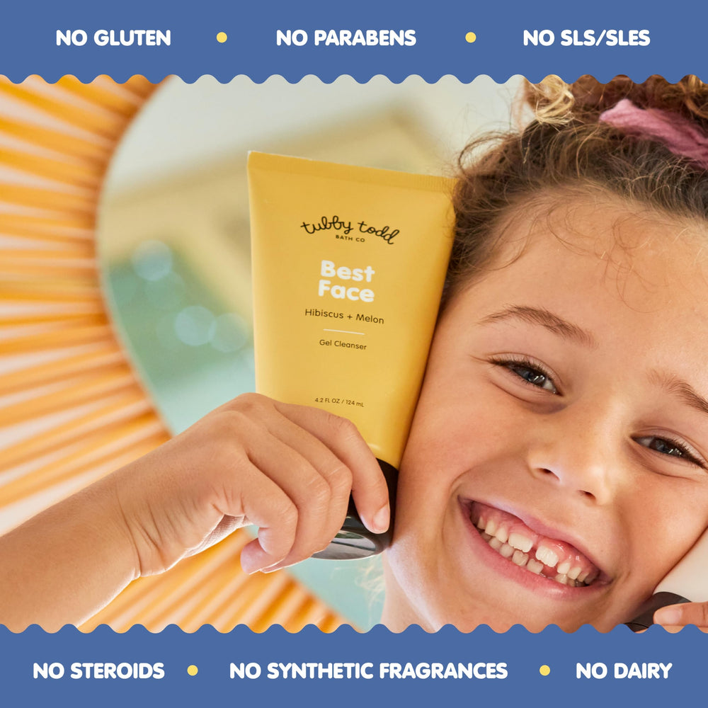Tubby Todd Best Kids Face Wash oil-free-formula label-closeup communicates clean, kid-safe ingredients.