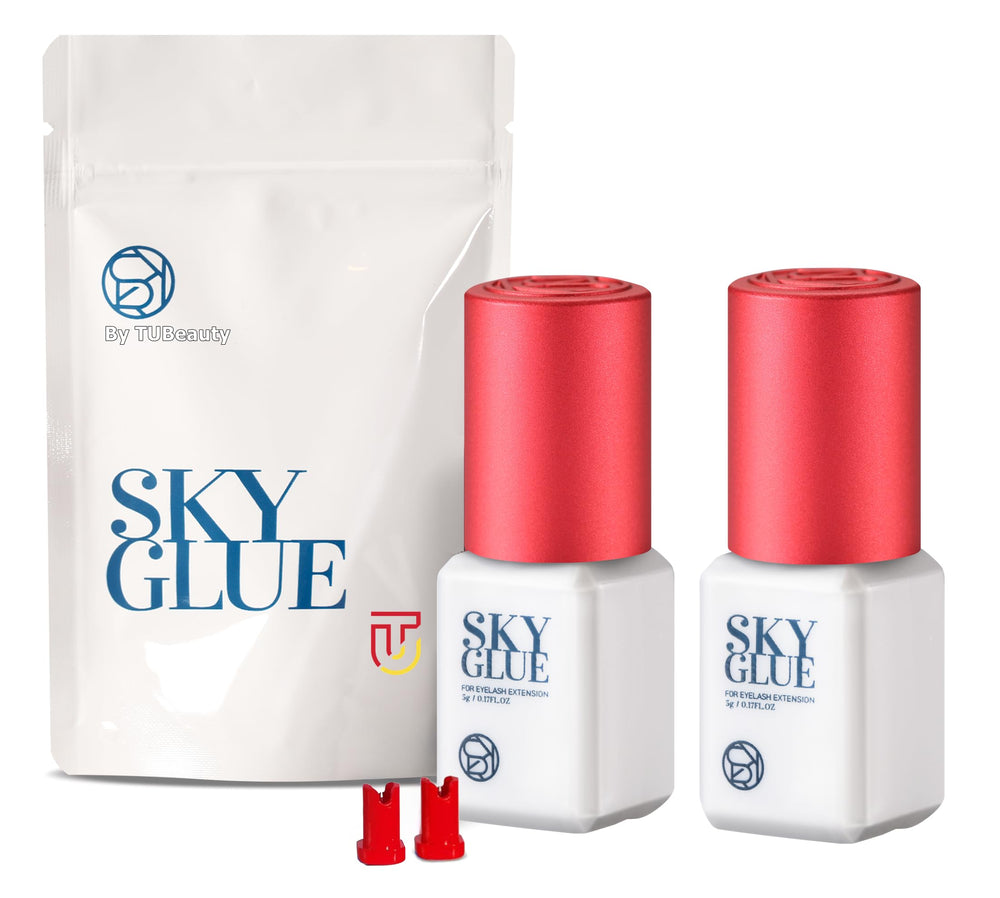 TUBeauty Sky Glue S+ bottle front for professional lash extensions, showcasing branding and packaging.