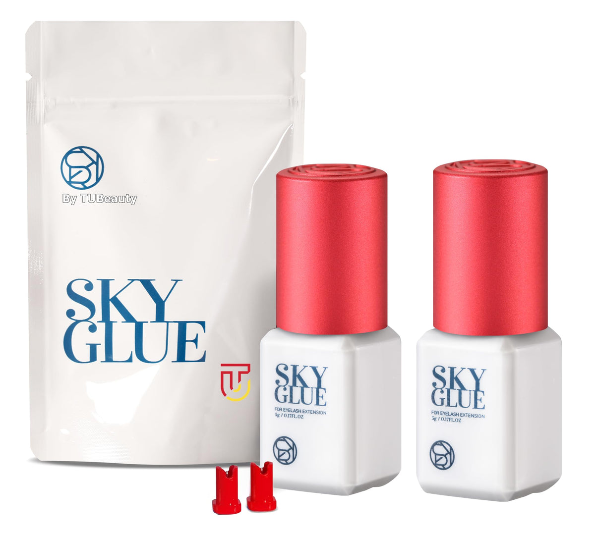 TUBeauty Sky Glue S+ bottle front for professional lash extensions, showcasing branding and packaging.