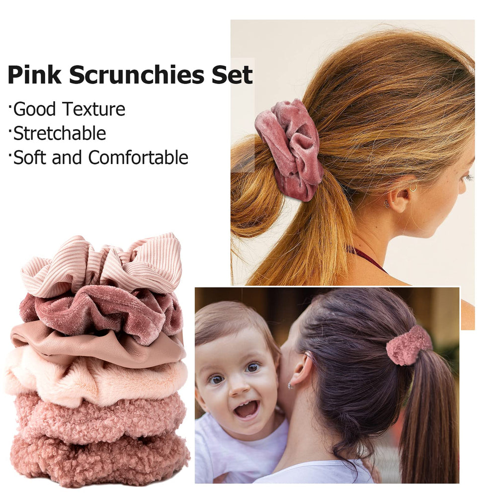 TUCEWP pink velvet scrunchies on long hair demonstrating gentle grip