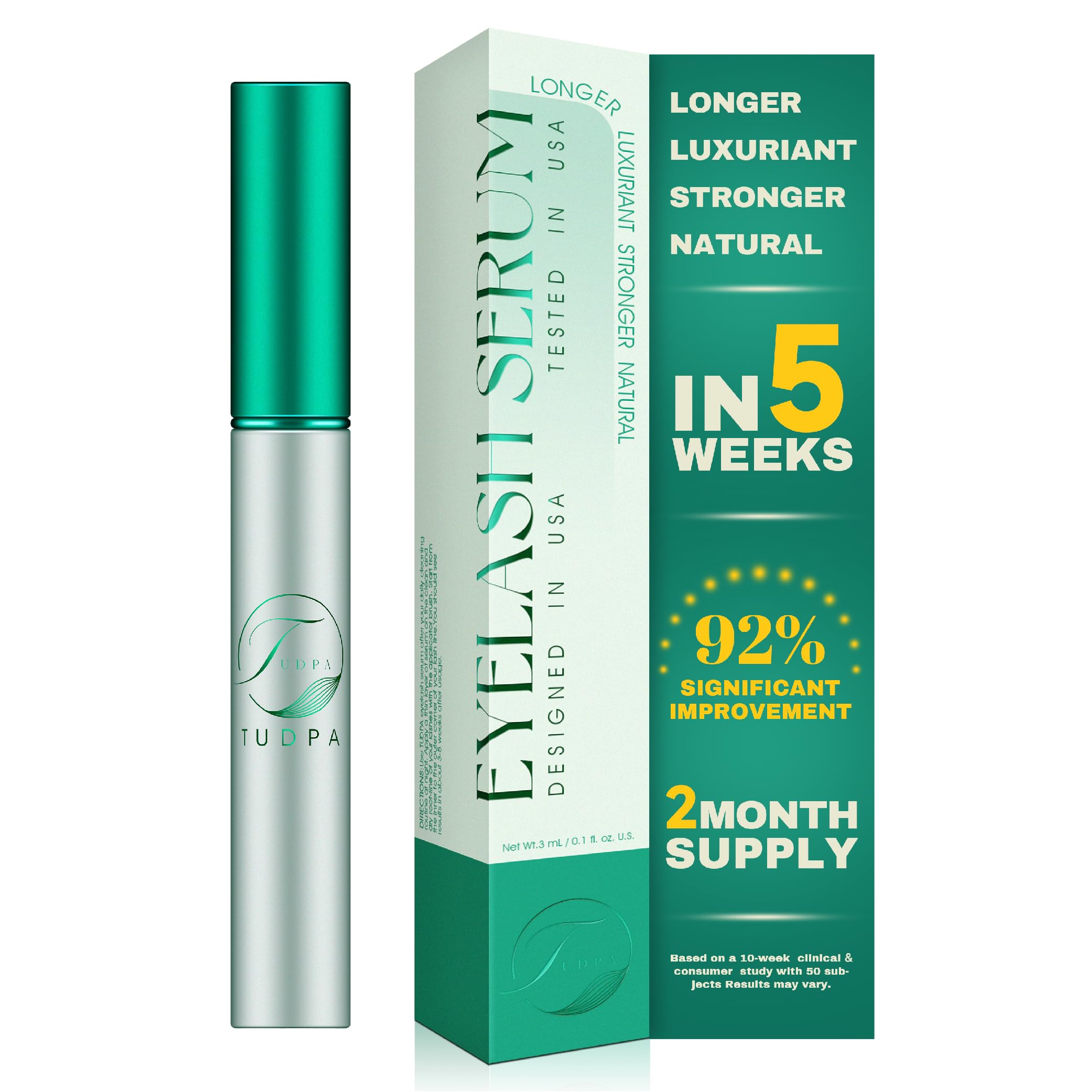 TUDPA eyelash growth serum bottle shows a gentle, nourishing lash care solution.