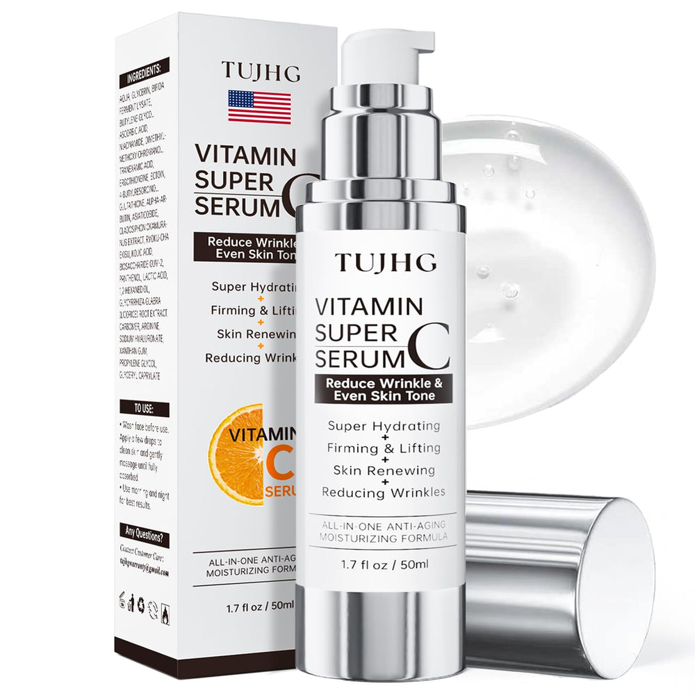 TUJHG Vitamin C Retinol Serum bottle closeup highlighting radiant hydration.