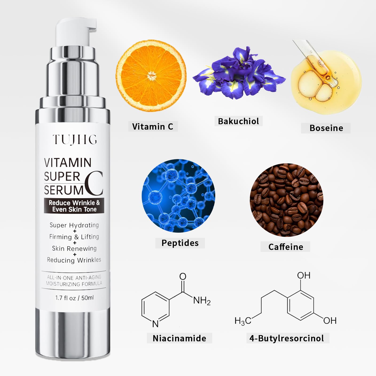 TUJHG Vitamin C Retinol Serum pump in action for easy application.