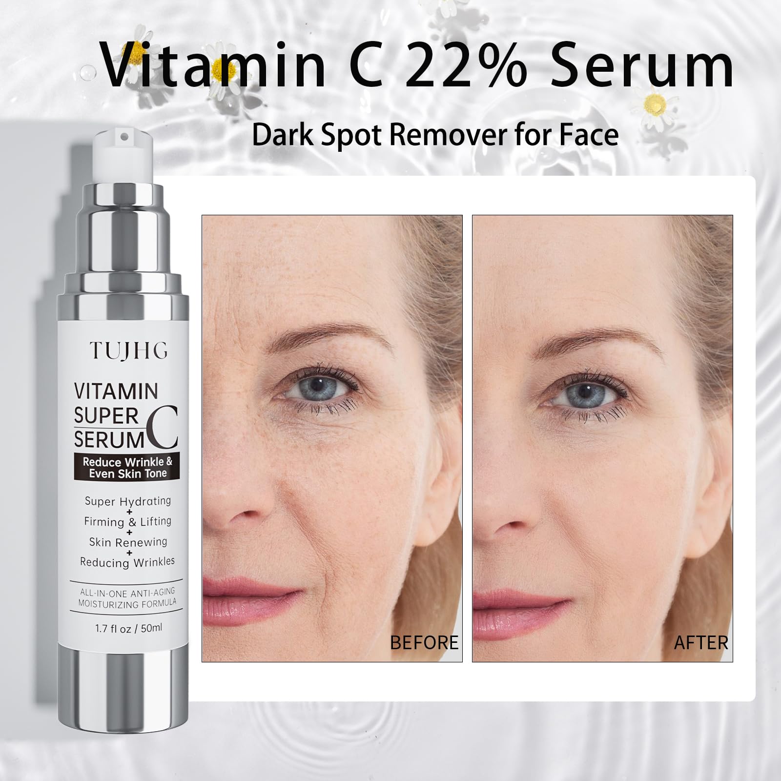 TUJHG Vitamin C Retinol Serum on cheek demonstrates smoother, even tone.