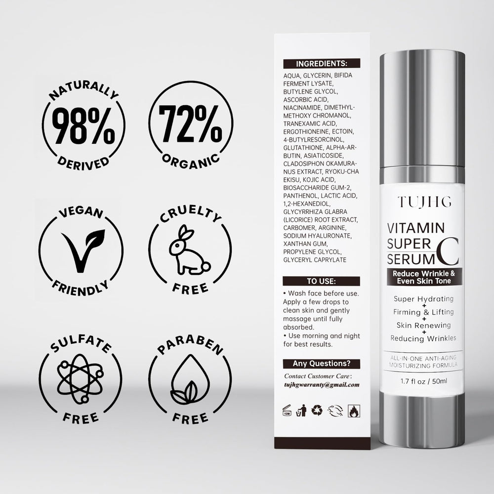 TUJHG Vitamin C Retinol Serum packaging box and bottle presentation.
