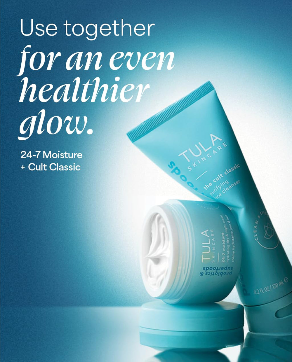 TULA 24-7 Moisture glow closeup—subtle radiance from hydrated skin.
