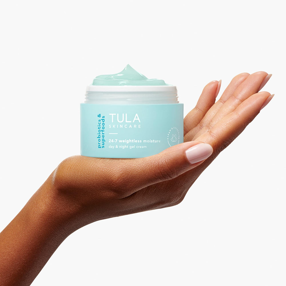 TULA 24-7 Weightless Moisture bottle highlights watermelon and blueberry extracts fueling skin nourishment.