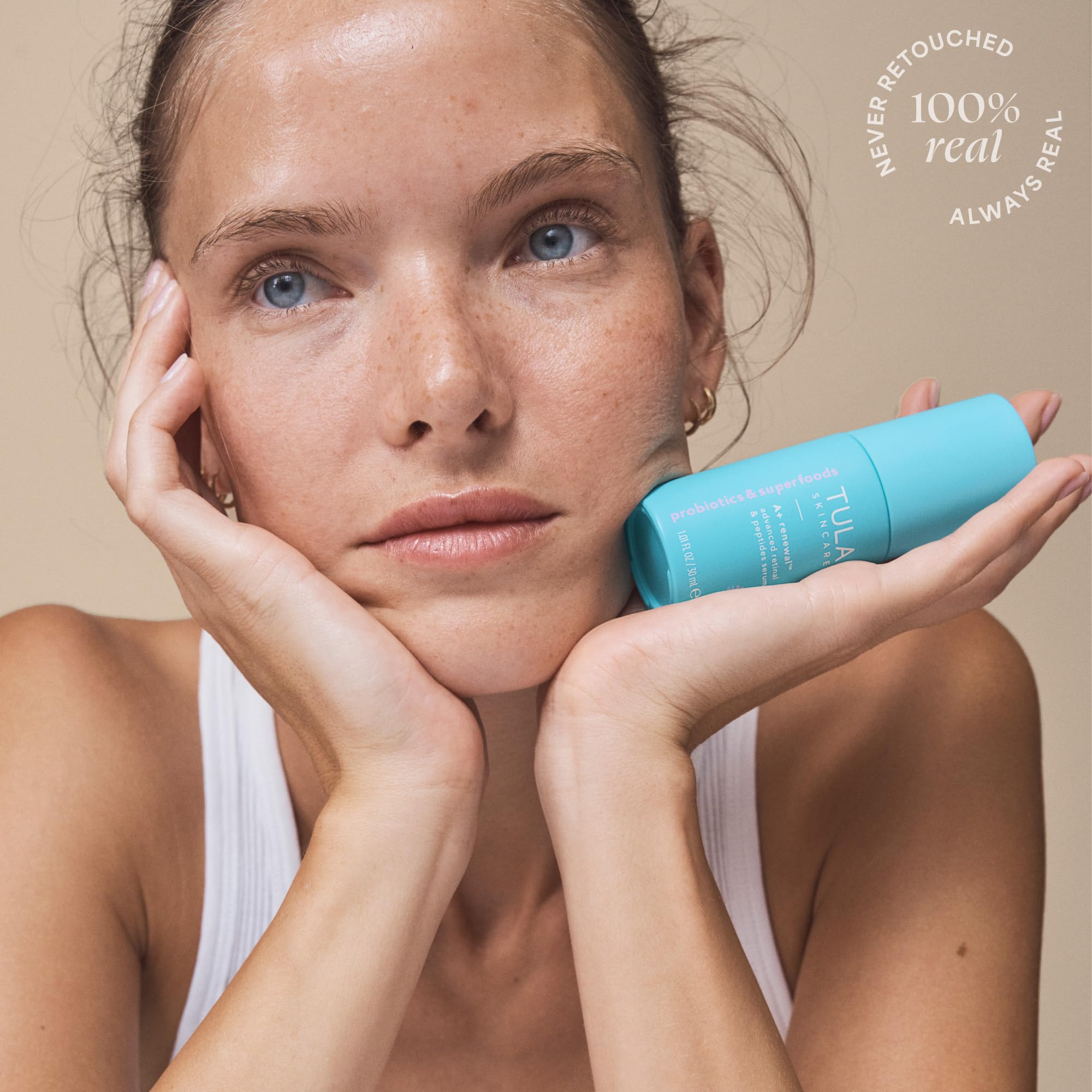 TULA A+ Renewal Serum on bathroom countertop lifestyle shot