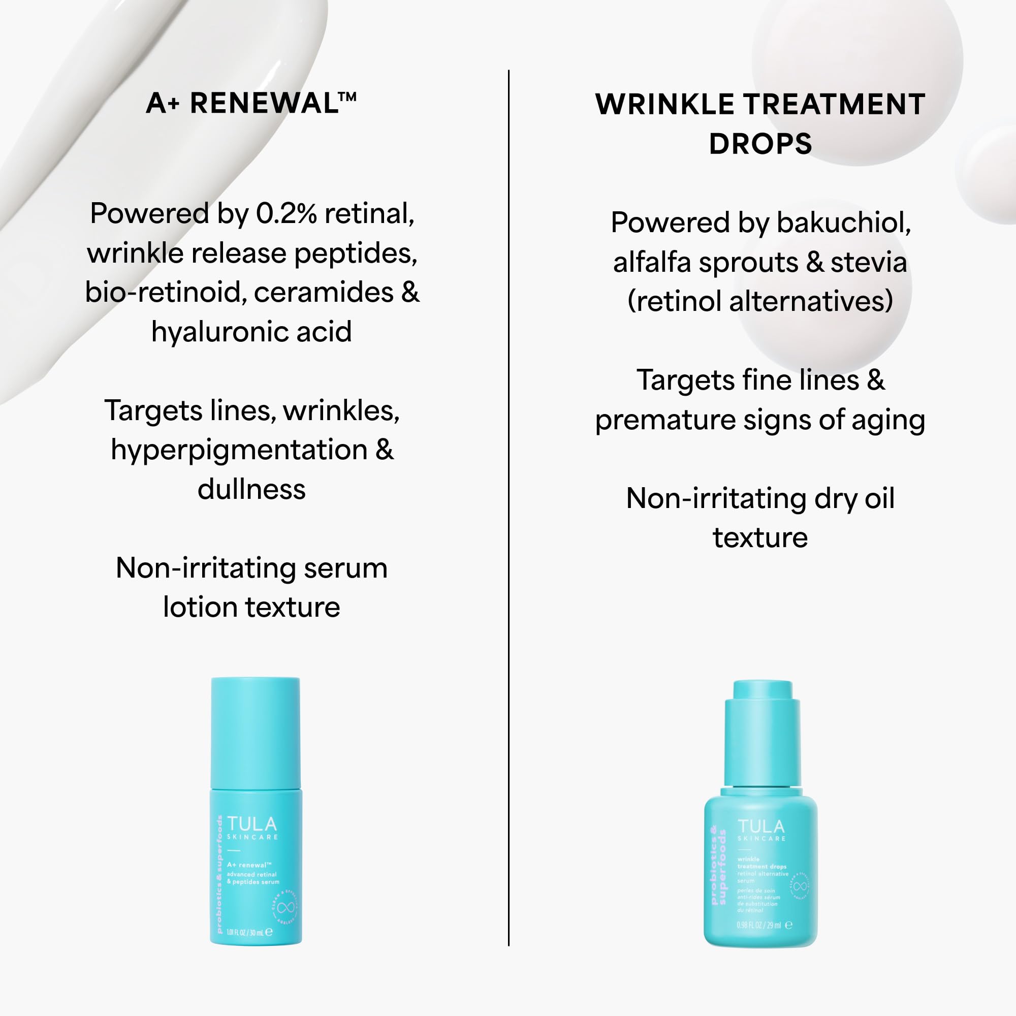 TULA A+ Renewal Serum packaging design emphasizes premium branding