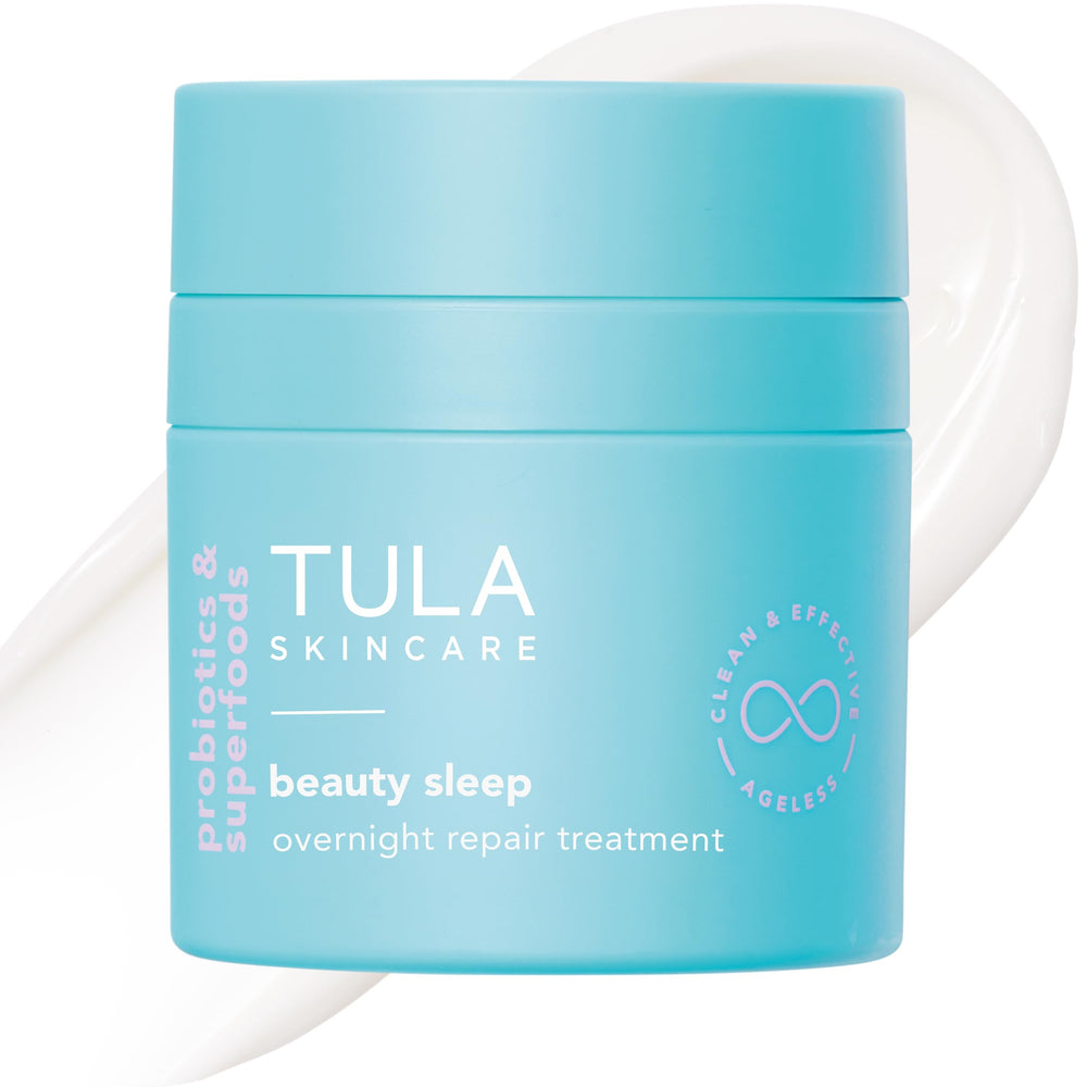 TULA Beauty Sleep Overnight Repair jar shows overnight rejuvenation for smoother skin