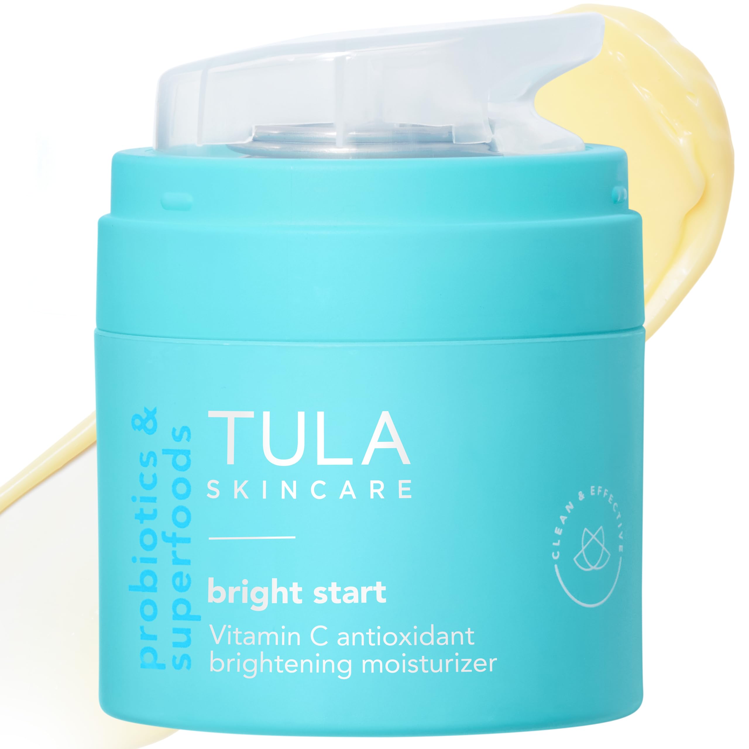 TULA Bright Start moisturizer packaging on a clean vanity for skincare routine (brand/product visibility).