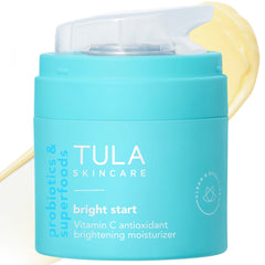 TULA Bright Start moisturizer packaging on a clean vanity for skincare routine (brand/product visibility).