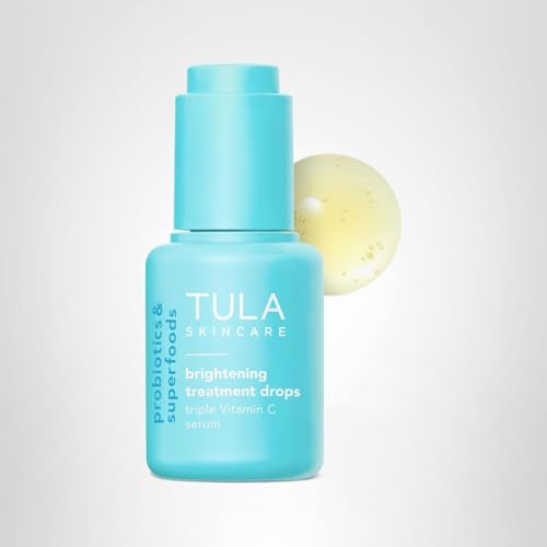 TULA Brightening Treatment Drops face application scene shows simple skincare step.