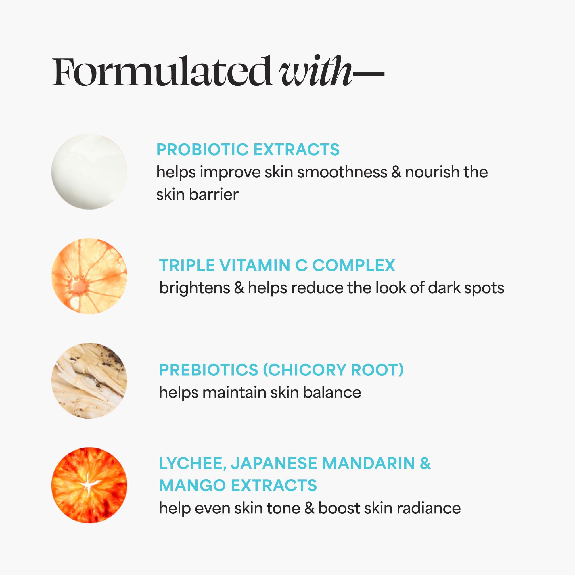 TULA Brightening Treatment Drops ingredients montage highlights lychee, mandarin, and mango for glow.