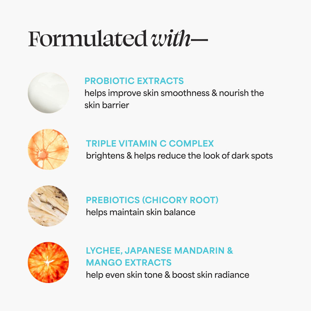 TULA Brightening Treatment Drops ingredients montage highlights lychee, mandarin, and mango for glow.