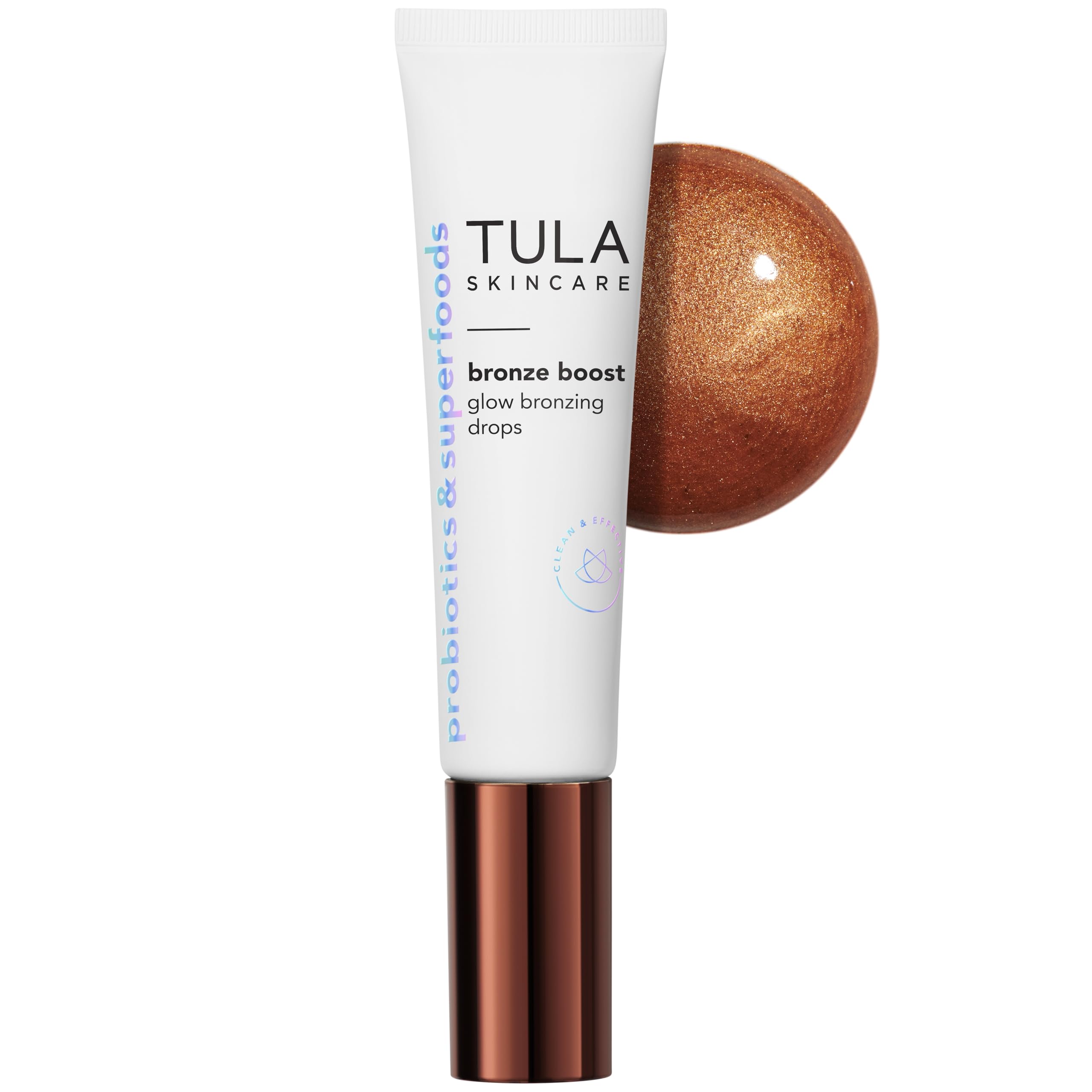 TULA Bronze Drops bottle closeup highlights luminous finish and premium packaging