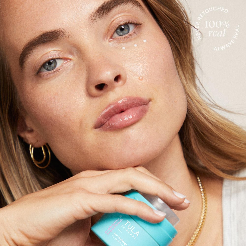 TULA Eye Recharge botanicals and probiotics comfort delicate eye skin.