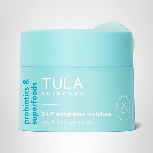 TULA 24-7 moisture gel cream on makeup-free skin highlights plump, hydrated appearance.