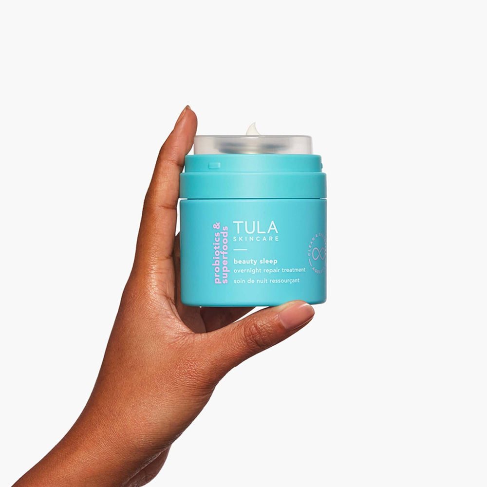 TULA Overnight Repair cream texture swirl suggests rich hydration and supple feel