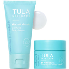 TULA Petite Treats travel duo foaming gel cleanser refreshes skin without stripping.