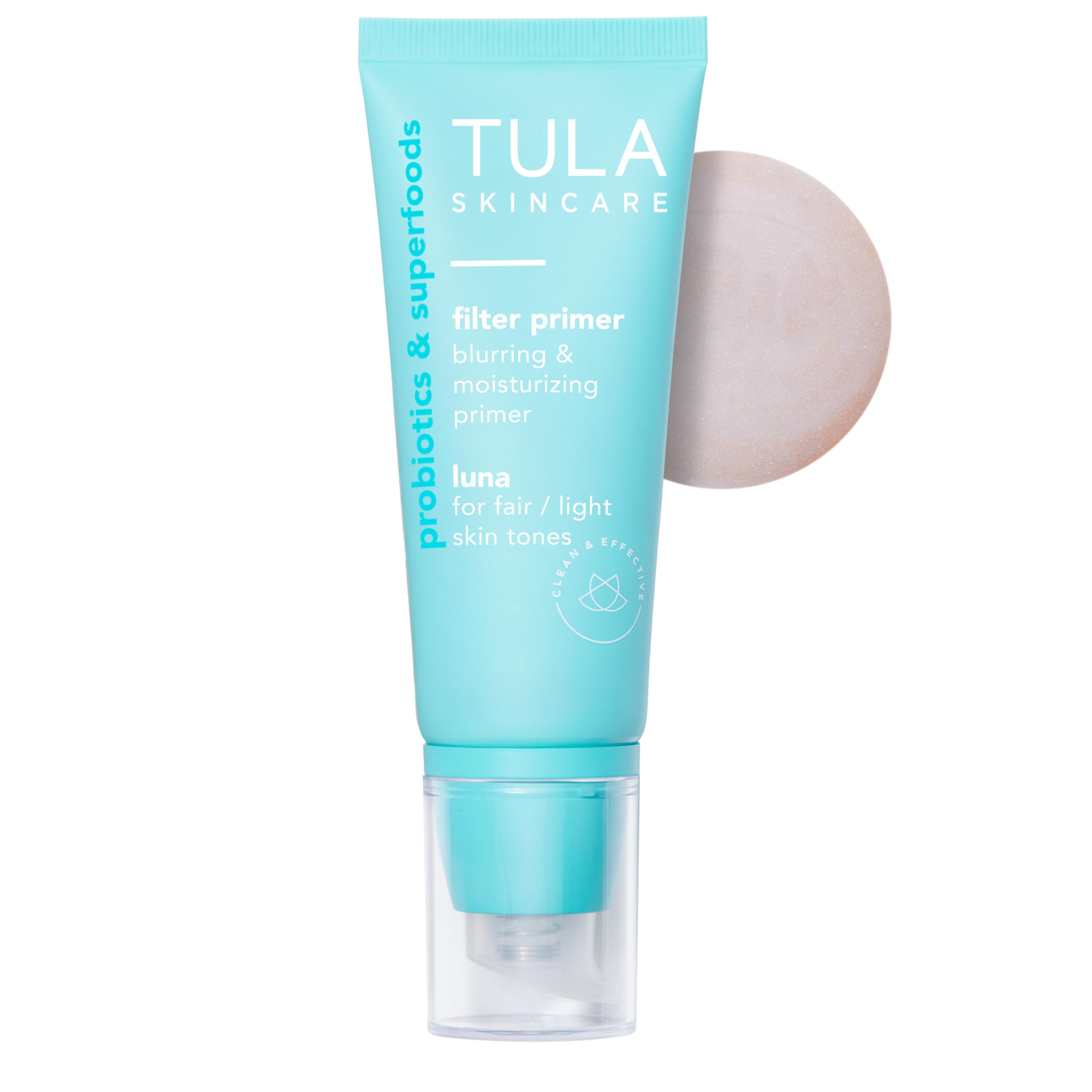 TULA Luna primer bottle close-up showing hydrating finish.