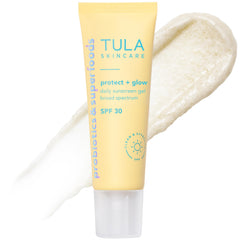TULA Protect + Glow sunscreen bottle with SPF 30 and non-greasy finish.