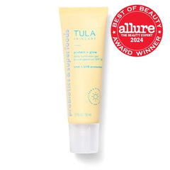 Close-up of TULA sunscreen texture showing dewy, non-white-cast appearance.