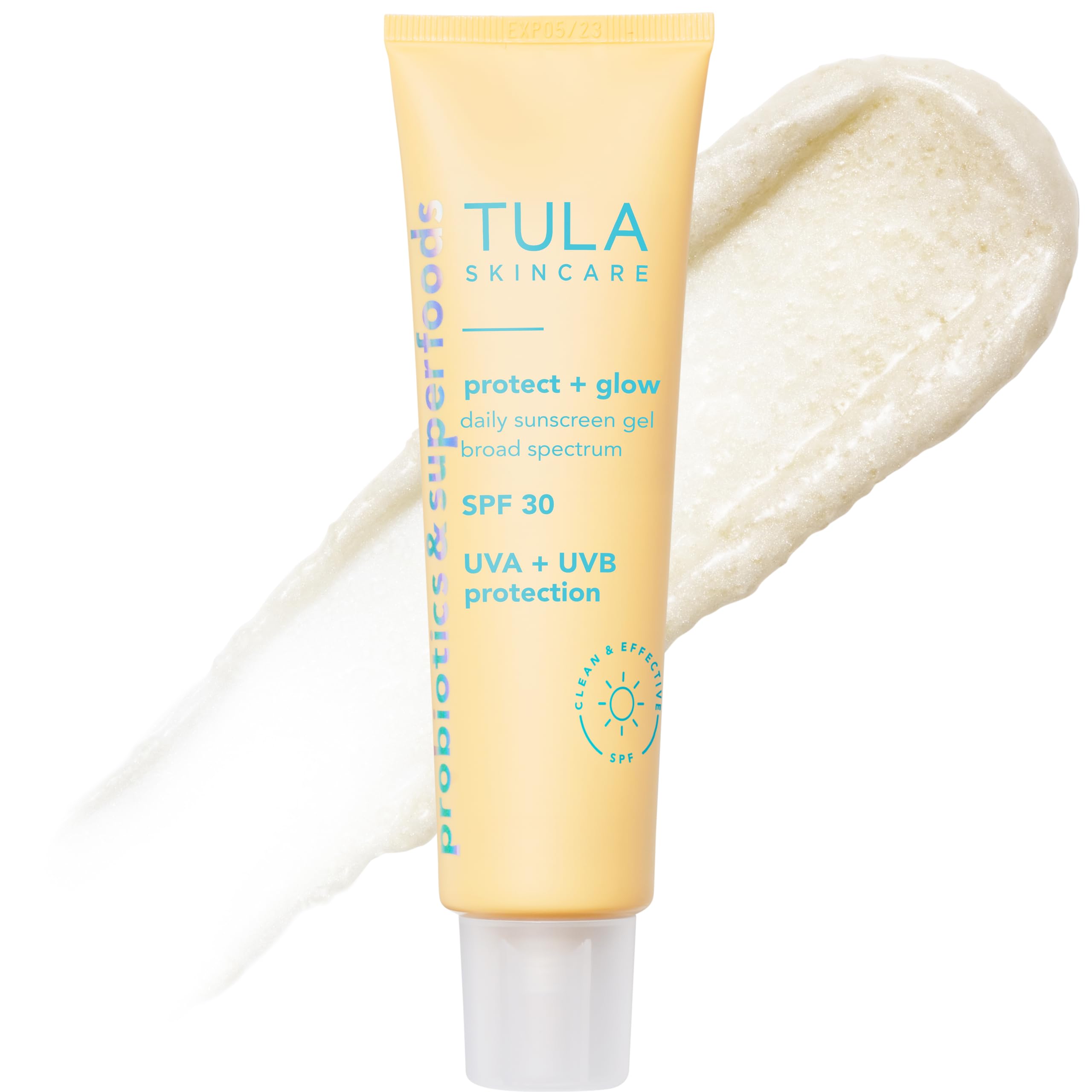 TULA Protect and Glow sunscreen bottle front showing reef-safe, non-greasy daily protection.