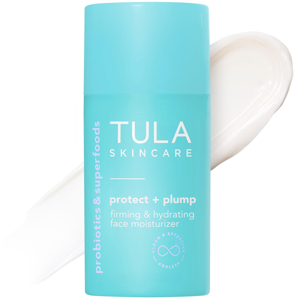 TULA Protect + Plump moisturizer bottle shows lightweight hydration for daily use.