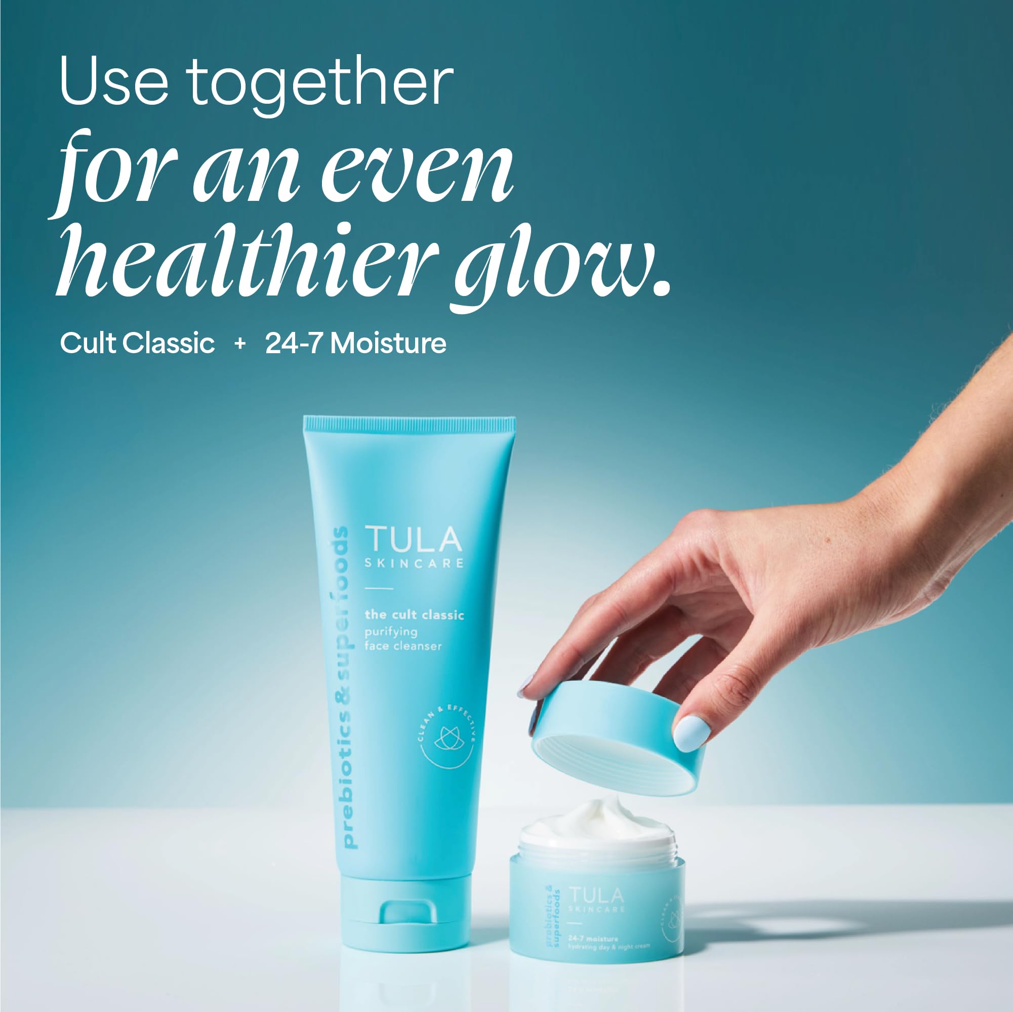 TULA bottle displays probiotic extracts and clean formula for daily hydration.