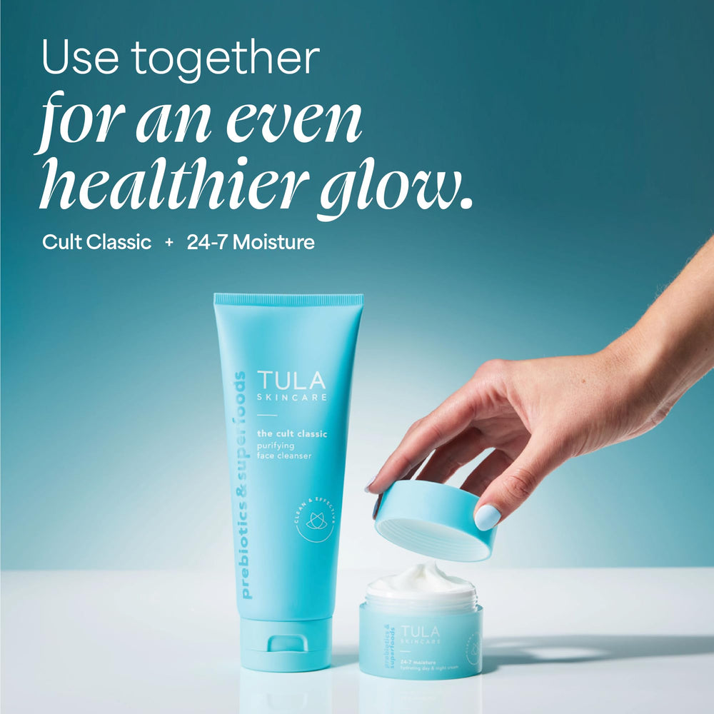 TULA bottle displays probiotic extracts and clean formula for daily hydration.