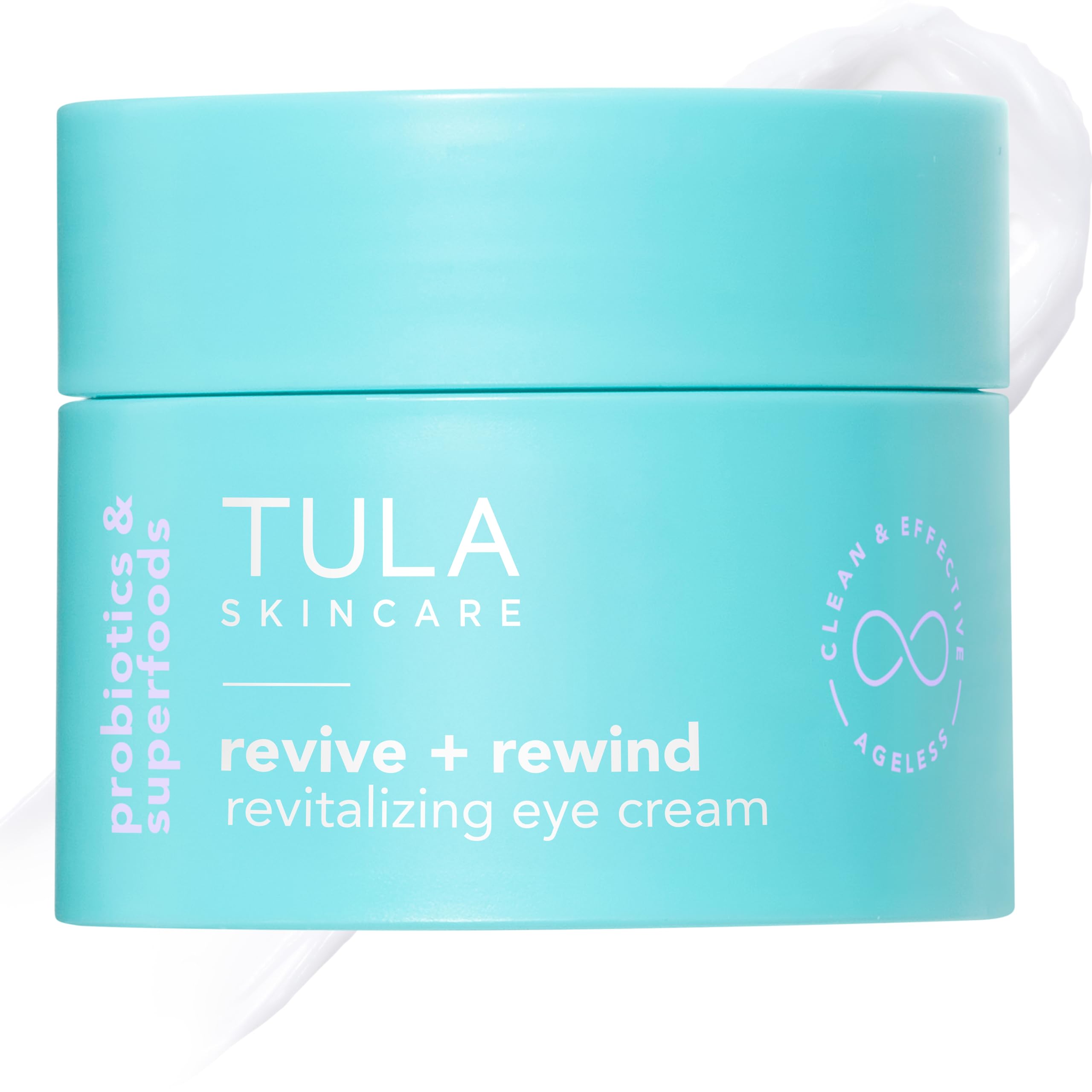 TULA Revive & Rewind eye-cream packaging showcases a clean, probiotic-inspired design for balanced skin.