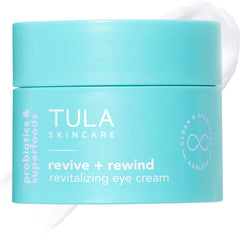 TULA Revive & Rewind eye-cream packaging showcases a clean, probiotic-inspired design for balanced skin.