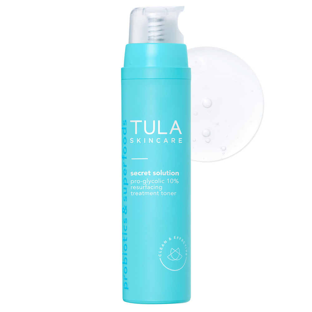 TULA Secret Solution Toner bottle shows glycolic exfoliation for smoother skin.