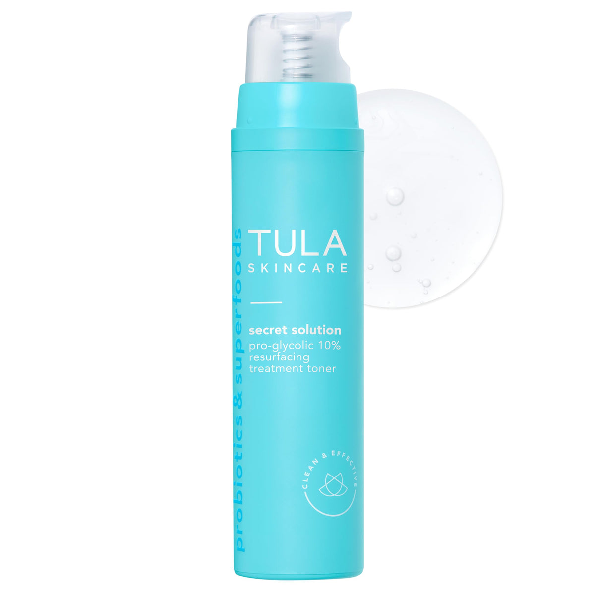 TULA Secret Solution Toner bottle shows glycolic exfoliation for smoother skin.