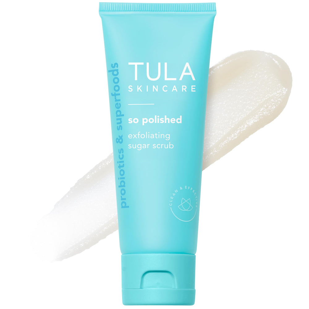 TULA So Polished exfoliating sugar scrub jar for gentle smoothing, softening, and radiant-looking skin.