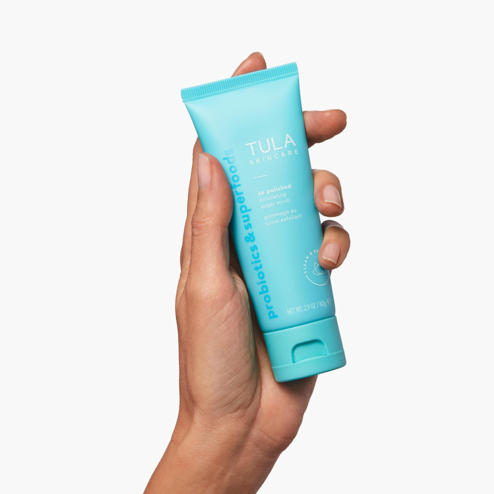 TULA So Polished probiotic extracts highlight skin-balanced support in the scrub.
