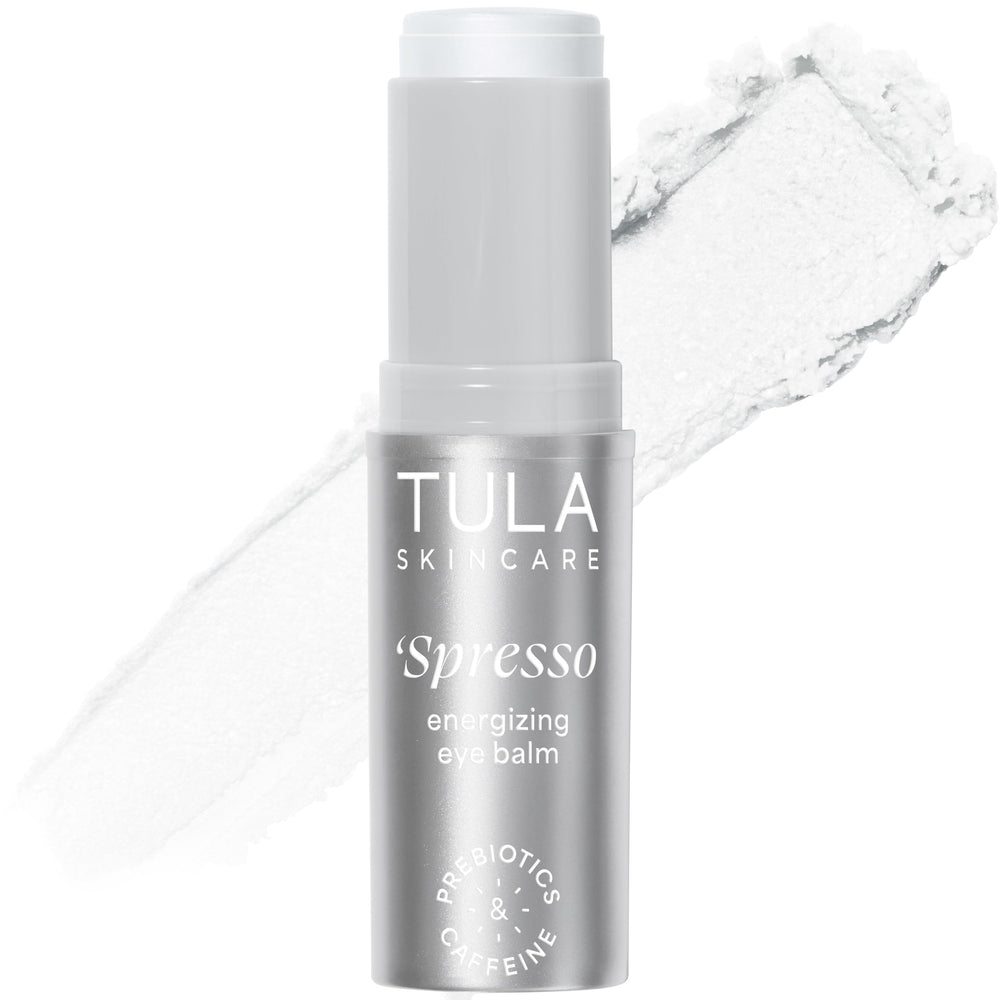 TULA Spresso Energizing Eye Balm Iced packaging highlighting portable cooling eye care for on-the-go