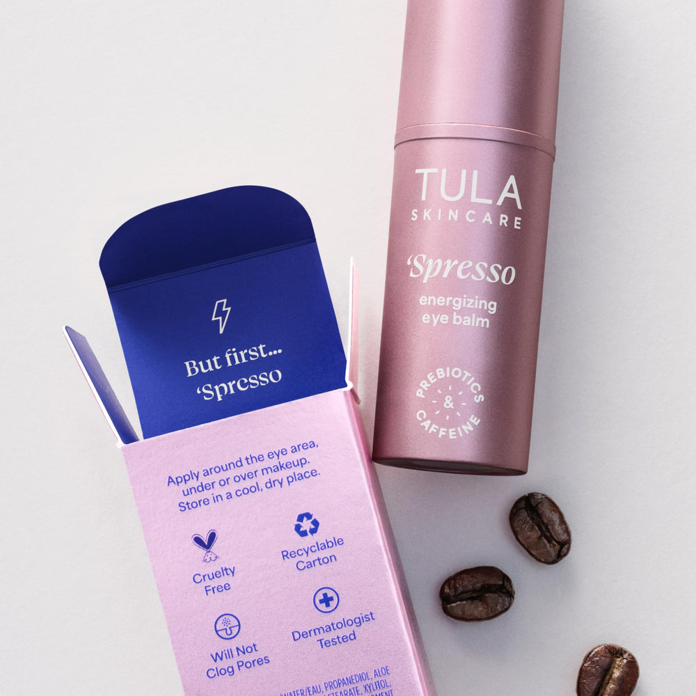 TULA Spresso pink eye balm packaging showing travel-friendly full-size design