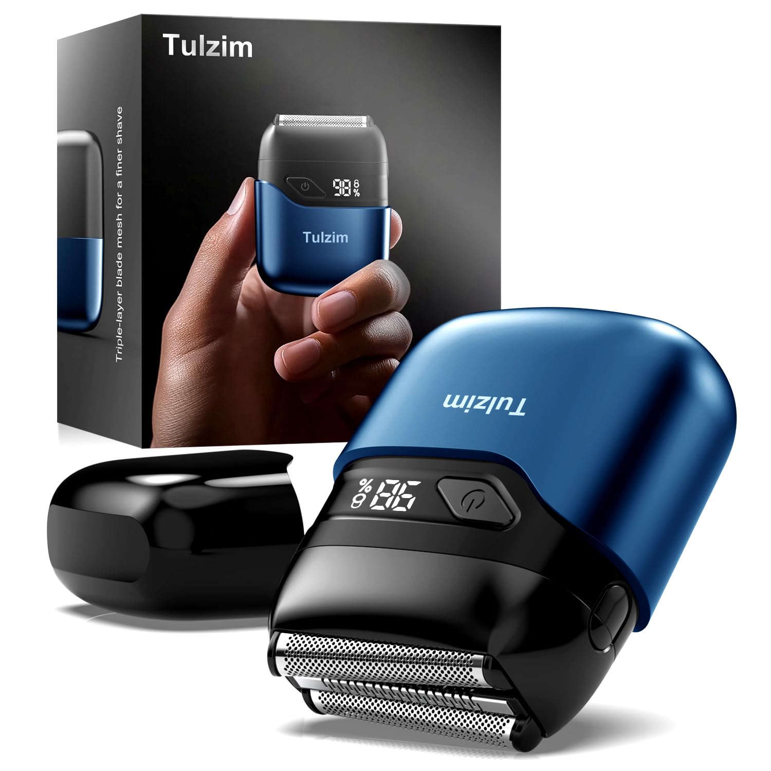 Tulzim electric foil shaver with 3-head design for precise contouring.