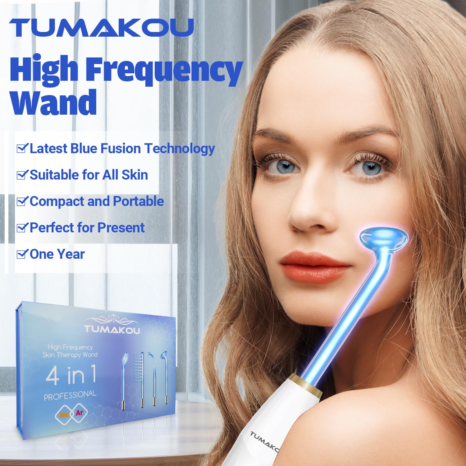 TUMAKOU blue wand with neon and argon tubes for gentle skin texture enhancement.
