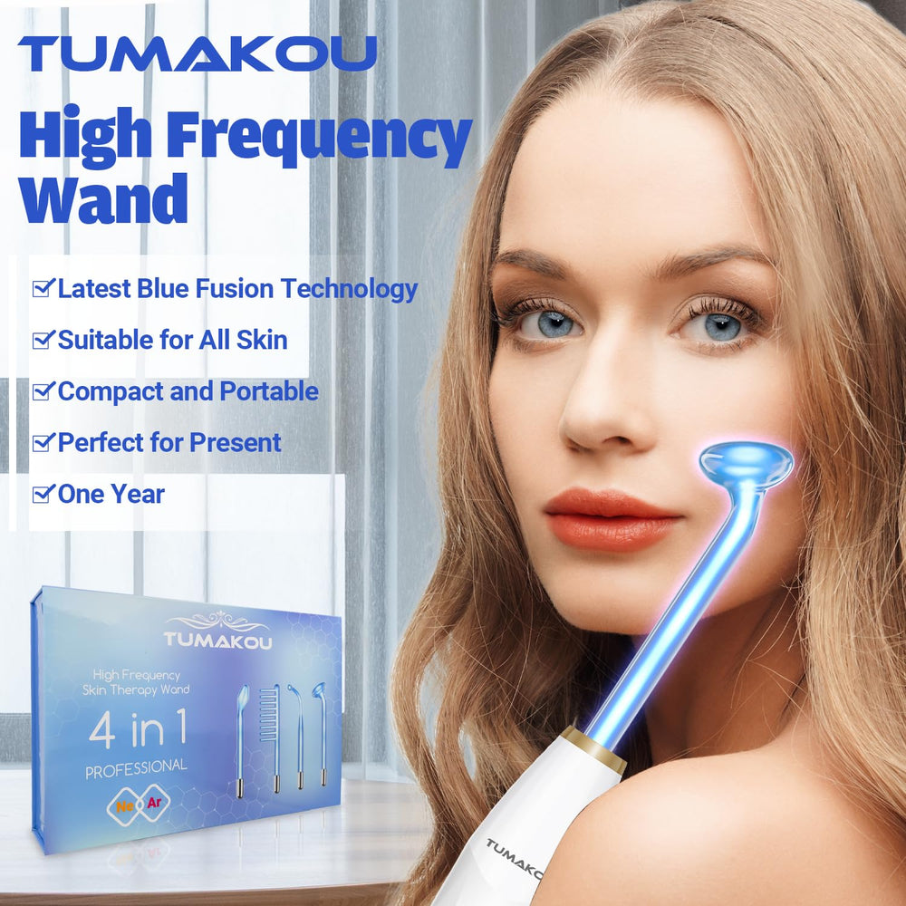 TUMAKOU blue wand with neon and argon tubes for gentle skin texture enhancement.