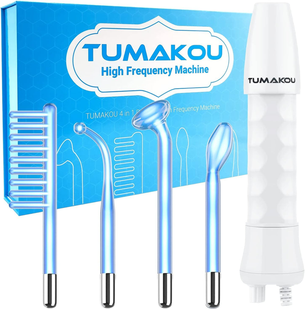 TUMAKOU high frequency wand with four blue tubes for versatile at-home skincare.