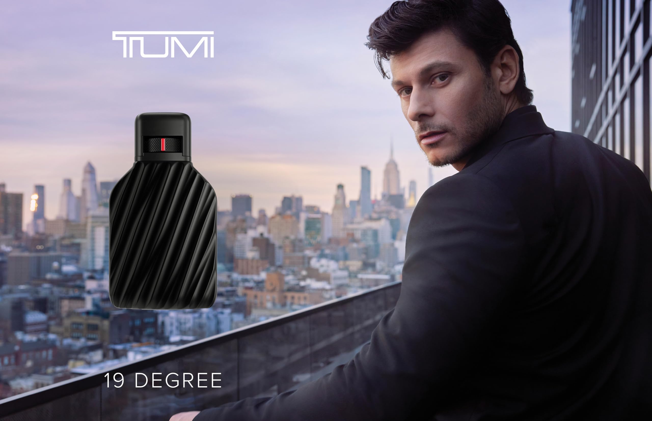TUMI 19 Degree bottle closeup highlights amber and leather notes for a premium evening vibe.