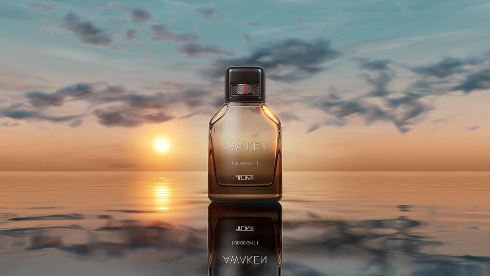 Tumi Awaken EDP bottle art detail, cedar notes evoke fresh outdoor moments.