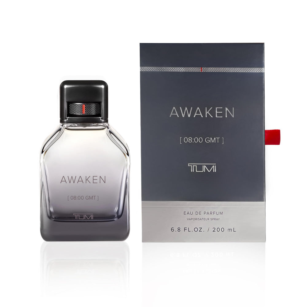 Tumi Awaken men's EDP bottle close-up, highlighting bold woody floral notes for daytime wear.