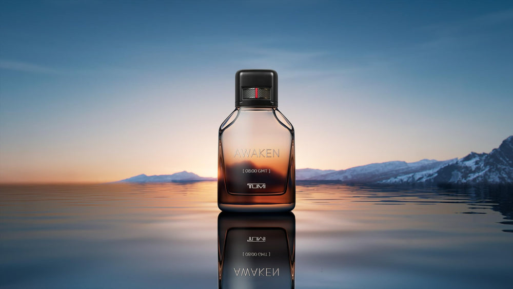 Tumi Awaken men's EDP bottle with spray cap, ideal for morning routine scent.