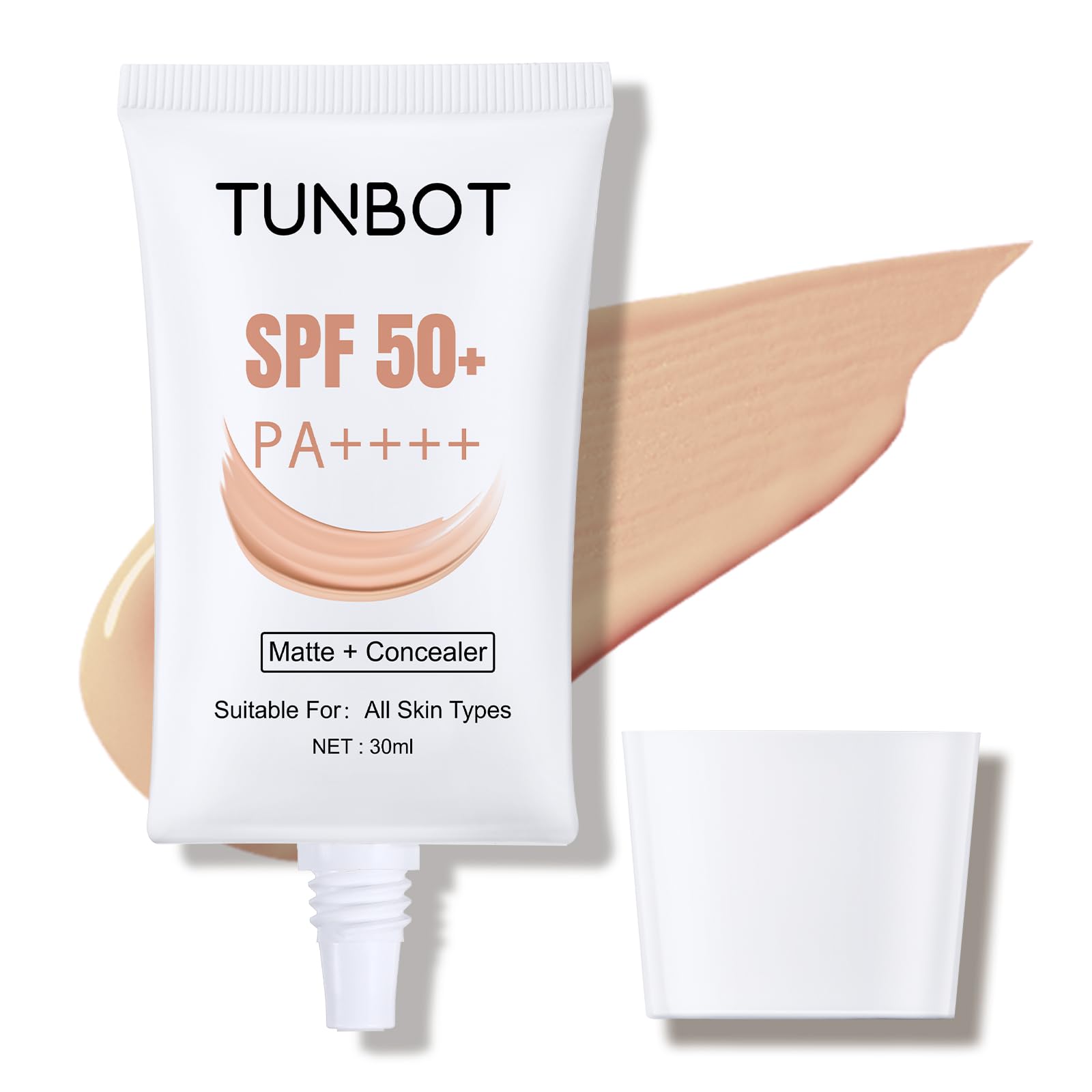 Tunbot liquid foundation SPF 50 bottle close-up shows smooth, lasting finish.